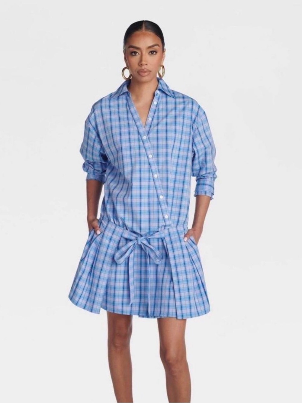 Light Blue Plaid Mini Shirt Dress with Tie Waist